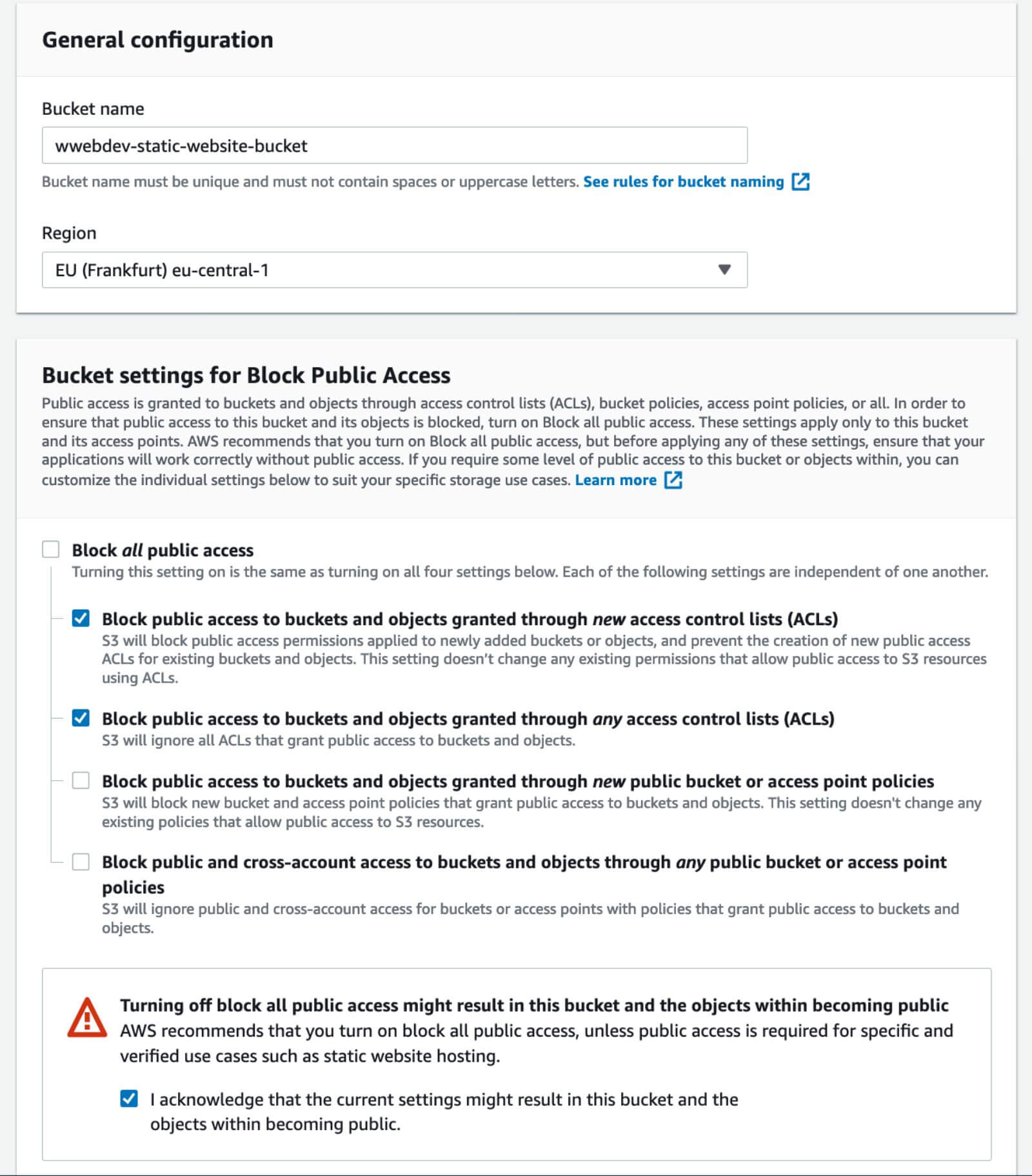 aws s3 options for creating a bucket